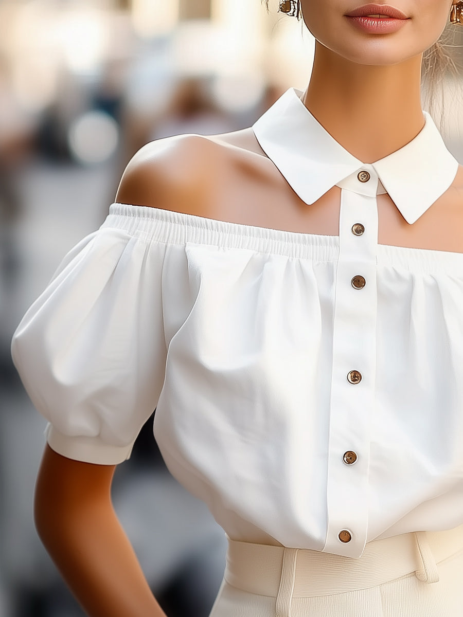 Chic Off-Shoulder Button-Up Blouse with Statement Collar