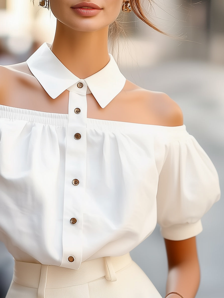 Chic Off-Shoulder Button-Up Blouse with Statement Collar