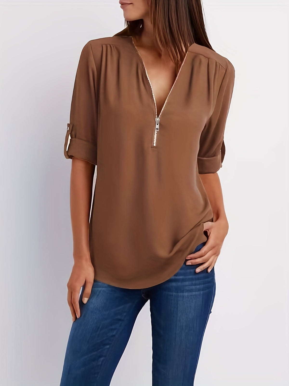 Ariana | Sleek Zip-Front V-Neck Blouse