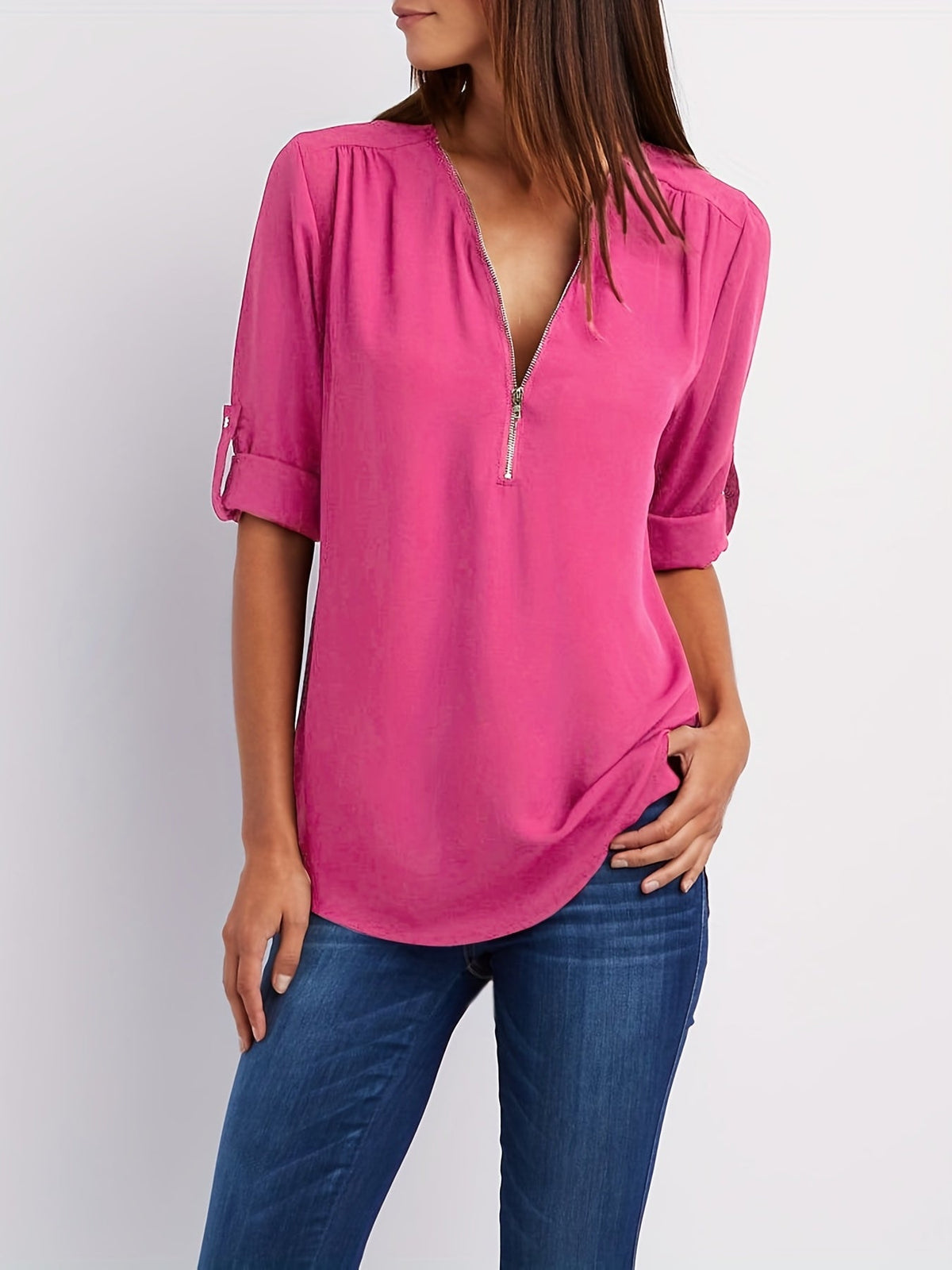Ariana | Sleek Zip-Front V-Neck Blouse