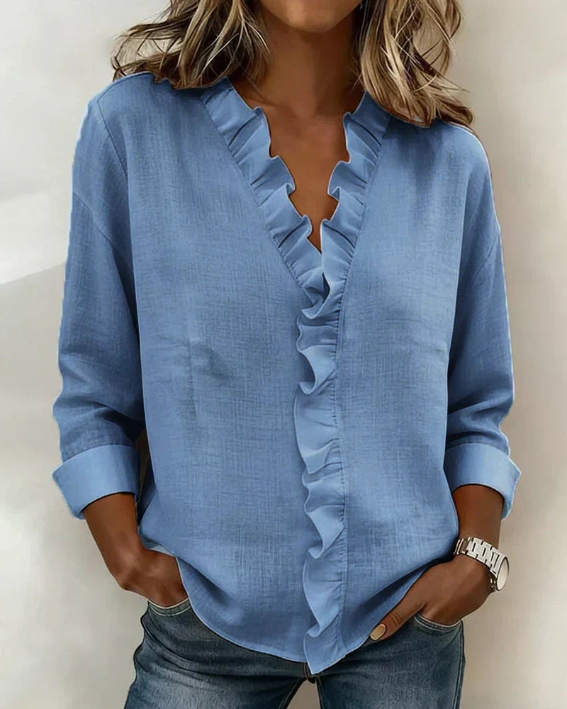 Susan | Blouse with Ruffles, V-Neck and Long Sleeves