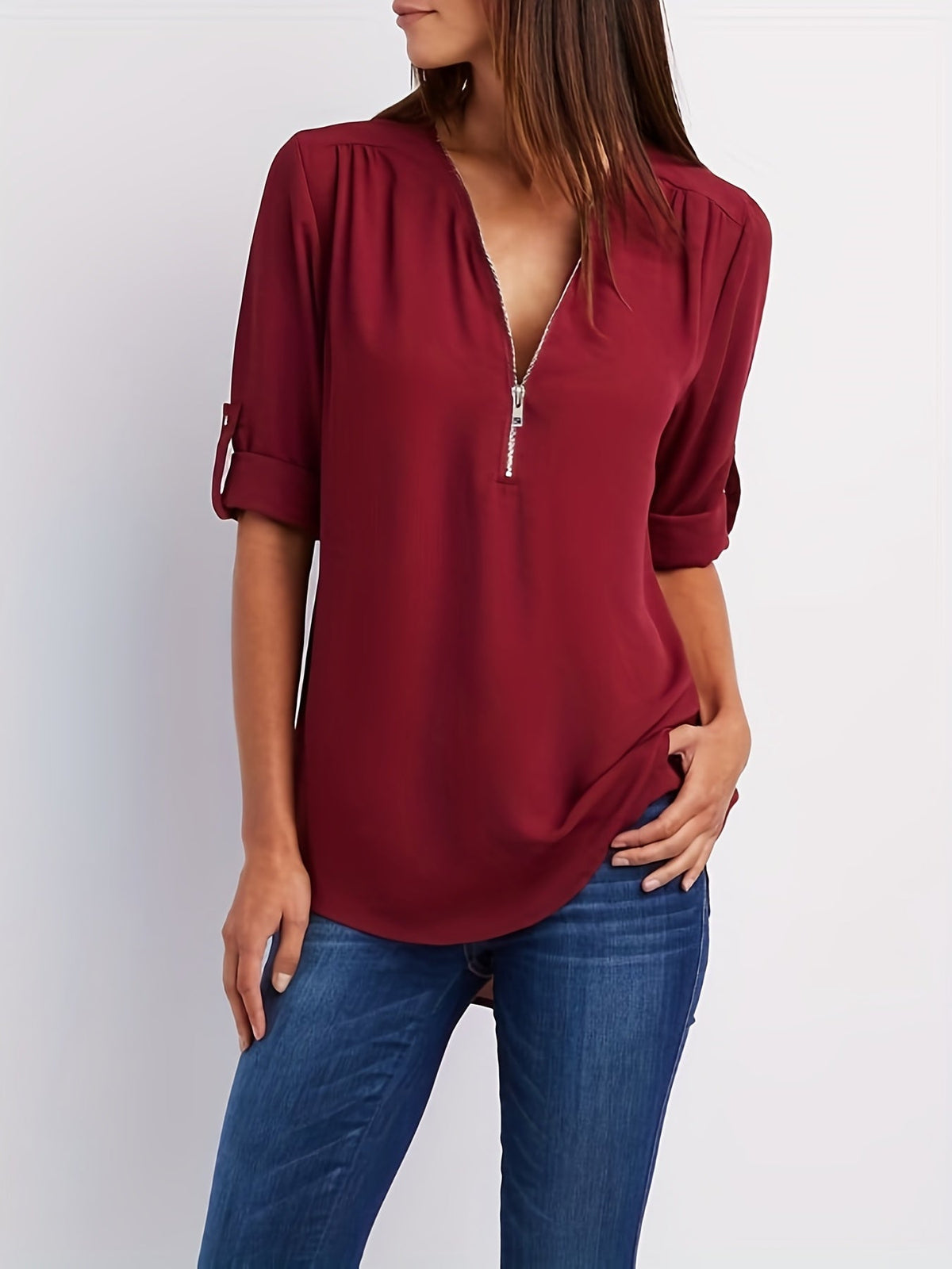 Ariana | Sleek Zip-Front V-Neck Blouse